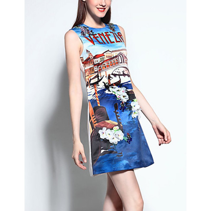 ACGCUL Women's Casual/Daily Street chic A Line Dress,Print Round Neck Above Knee Sleeveless Blue Cotton / Polyester Summer