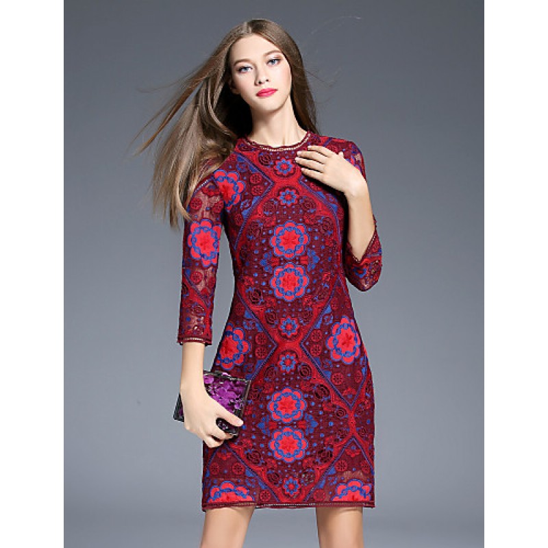 ACGCUL Boutique S Women's Going out Vintage Sheath Dress,Floral Round Neck Above Knee ? Sleeve Red Polyester