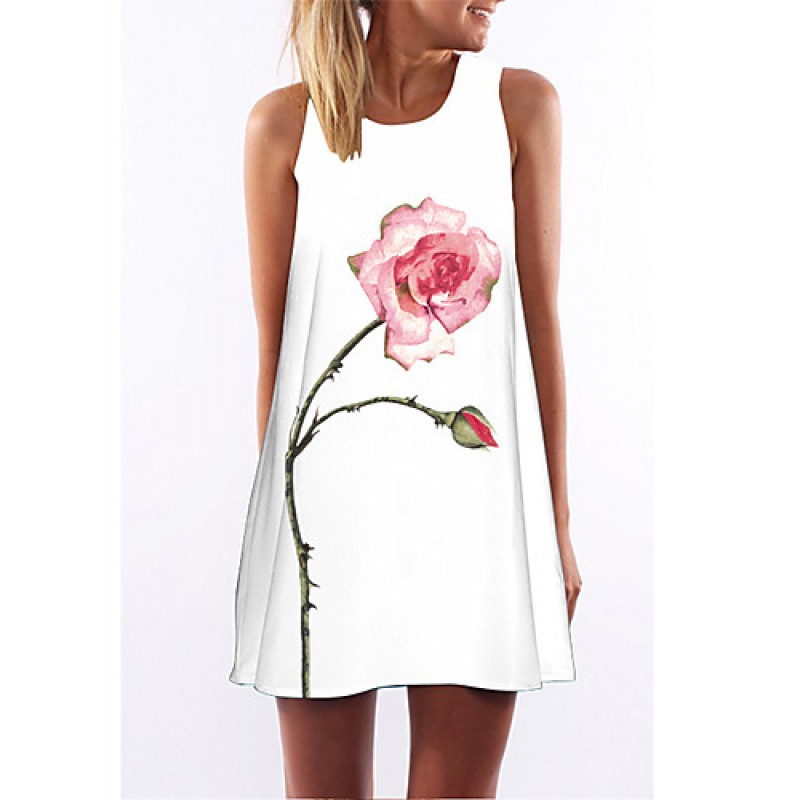 ACGCUL Women's Simple / Street chic Loose Dress,Floral Round Neck Above Knee Sleeveless White Polyester Summer