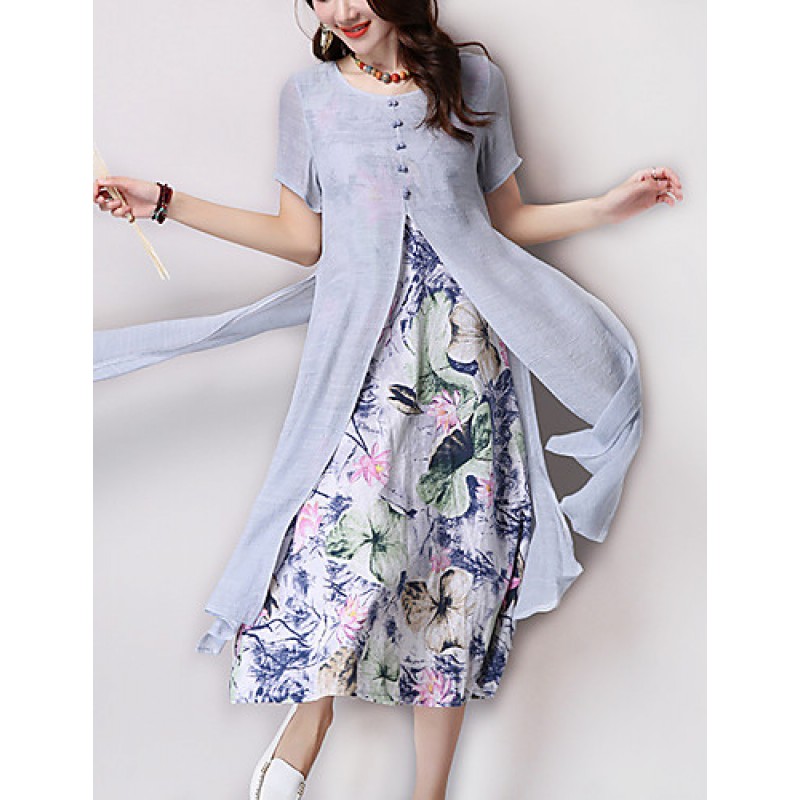 ACGCUL Women's Vintage Ethnic Print Floral Loose Dress,Casual/Daily Round Neck False two Midi Sweet Cotton / Linen