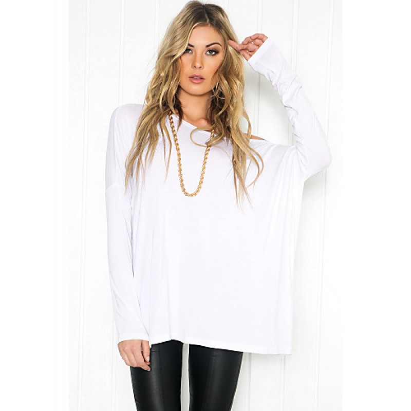 ACGCUL Women's Casual/Daily Sweet Sexy Fall T-shirt,Solid Round Neck Long Sleeve White / Black Cotton Medium