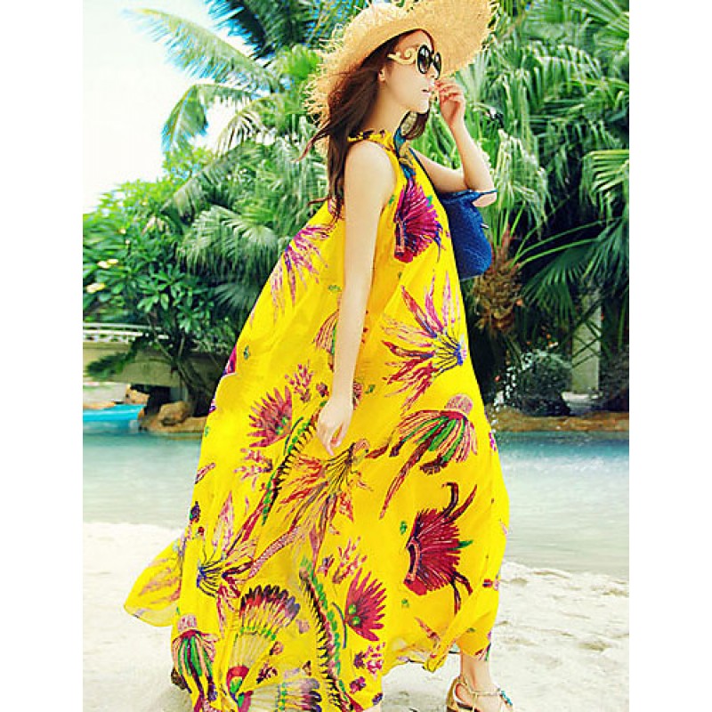 ACGCUL Beach Swing Dress,Print Maxi Sleeveless Yellow Summer Inelastic Thin