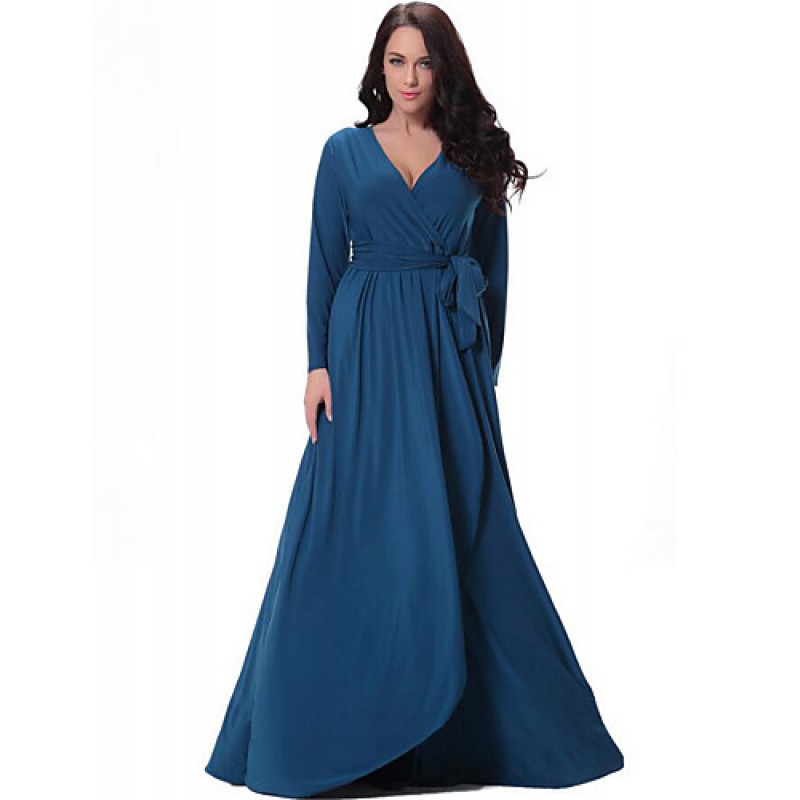 ACGCUL Women's Party/Cocktail Plus Size Plus Size Dress,Solid V Neck Midi Long Sleeve Blue Spandex Fall