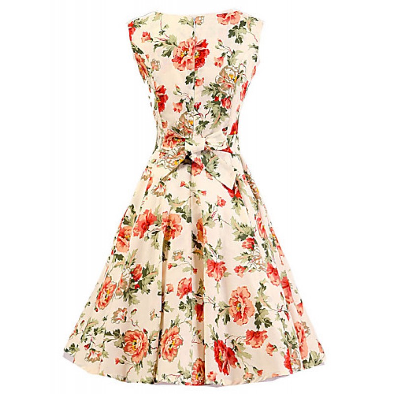 ACGCUL Women's Cream Floral Dress , Vintage Sleeveless 50s Rockabilly Swing Short Cocktail Dress