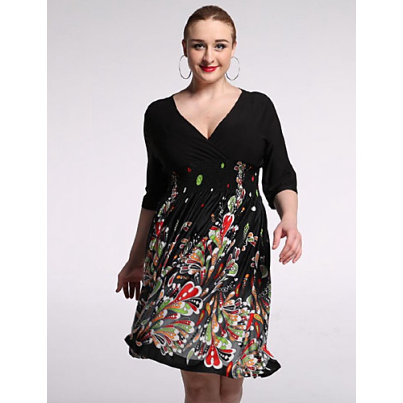 ACGCUL Women's Beach / Plus Size Boho Chiffon Dress,Floral V Neck Knee-length 陆 Length Sleeve Black Polyester / Spandex Summer