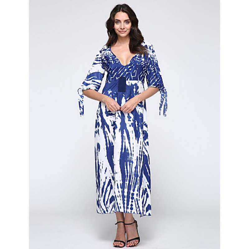 ACGCUL New Boho Maxi Dress Contrast Print Deep V-Neck Side Zipper 3/4 Sleeve Beach Evening Party Long