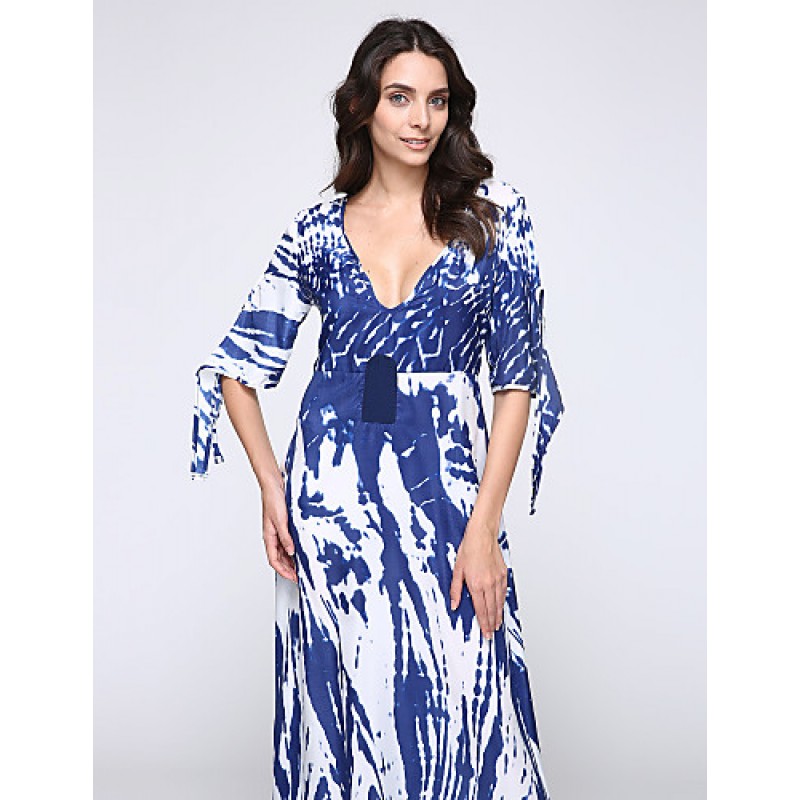 ACGCUL New Boho Maxi Dress Contrast Print Deep V-Neck Side Zipper 3/4 Sleeve Beach Evening Party Long