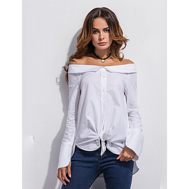 ACGCUL Women's Casual/Daily Street chic Spring / Fall ShirtSolid Boat Neck Long Sleeve White Cotton Medium