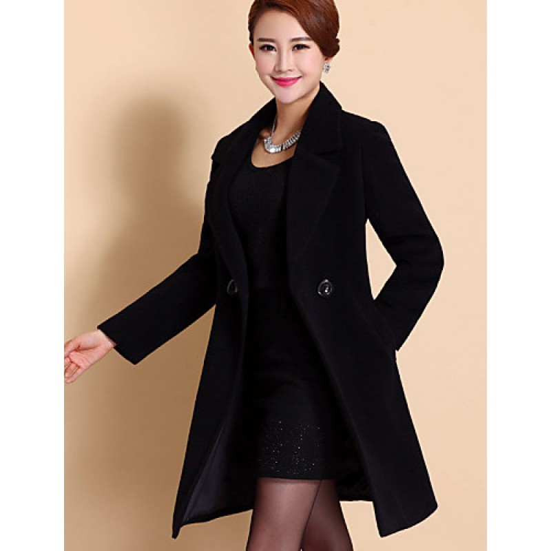 ACGCUL Women's Coat,Solid / Patchwork Peaked Lapel Long Sleeve Winter Blue / Black / Yellow Wool / Others Thick