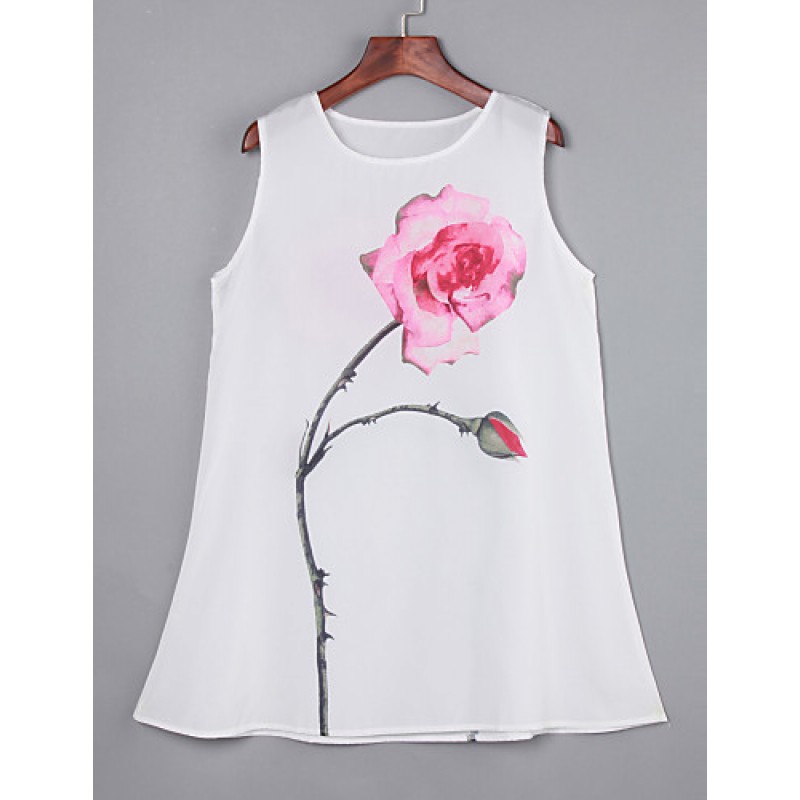 ACGCUL Women's Simple / Street chic Loose Dress,Floral Round Neck Above Knee Sleeveless White Polyester Summer