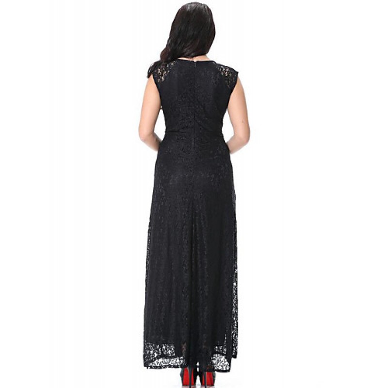 ACGCUL Women's Beach Plus Size / Lace Dress,Solid Round Neck Maxi Sleeveless Black Polyester Spring