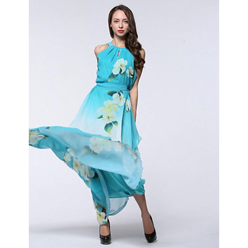 ACGCUL Women's Holiday / Plus Size Boho Chiffon Dress,Print Round Neck Maxi Sleeveless Blue Polyester Summer