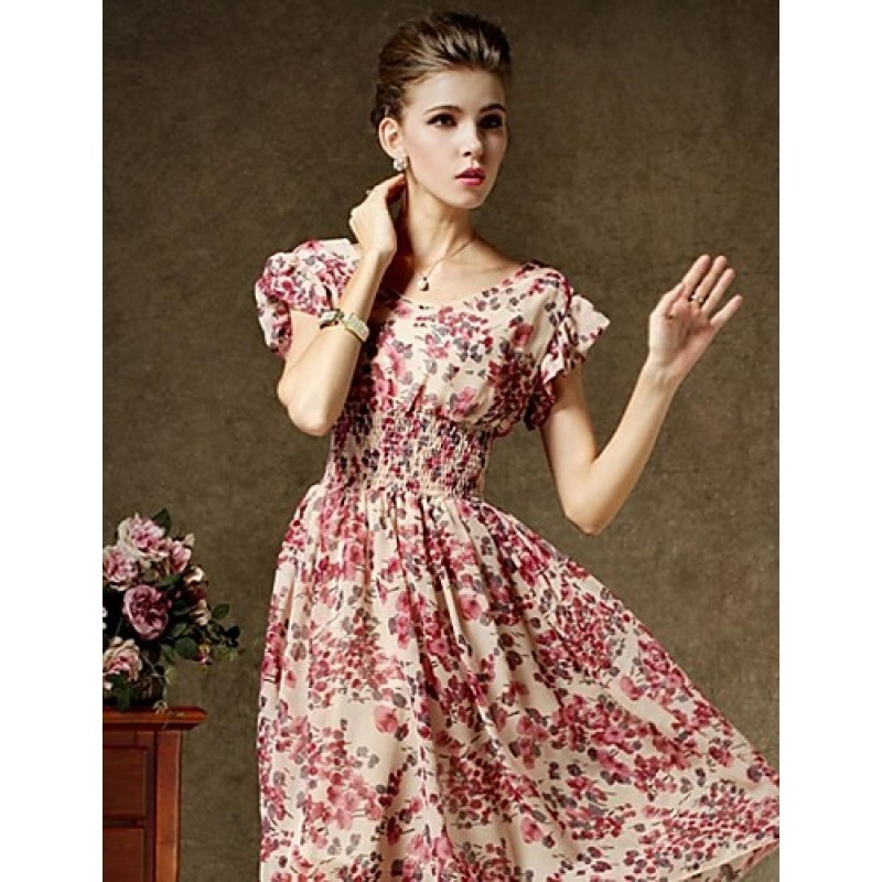 ACGCUL Women's Vintage Short Sleeve Floral Print Chiffon Dress