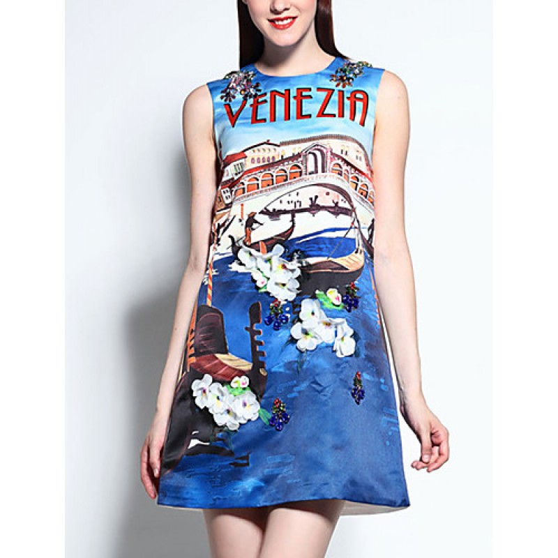 ACGCUL Women's Casual/Daily Street chic A Line Dress,Print Round Neck Above Knee Sleeveless Blue Cotton / Polyester Summer