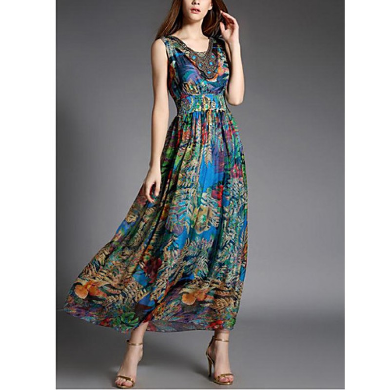 ACGCUL Going out Street chic Sheath Dress,Print V Neck Maxi Sleeveless Blue Silk Summer High Rise