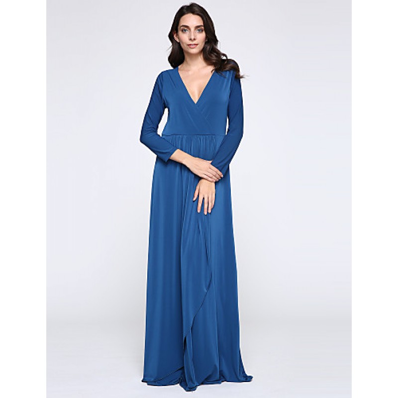 ACGCUL Women's Party/Cocktail Plus Size Plus Size Dress,Solid V Neck Midi Long Sleeve Blue Spandex Fall