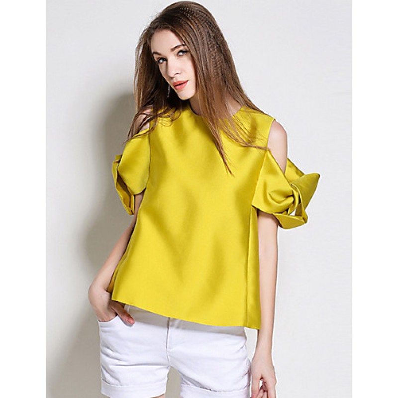 ACGCUL  Women's Going out Simple Summer BlouseSolid Crew Neck Short Sleeve Yellow Polyester Medium