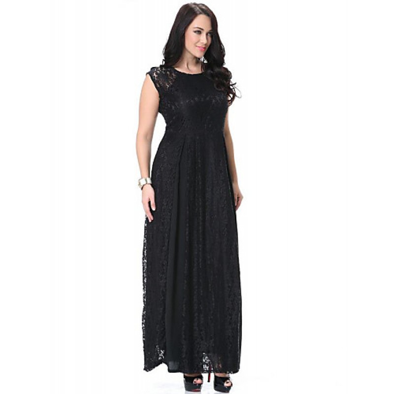 ACGCUL Women's Beach Plus Size / Lace Dress,Solid Round Neck Maxi Sleeveless Black Polyester Spring