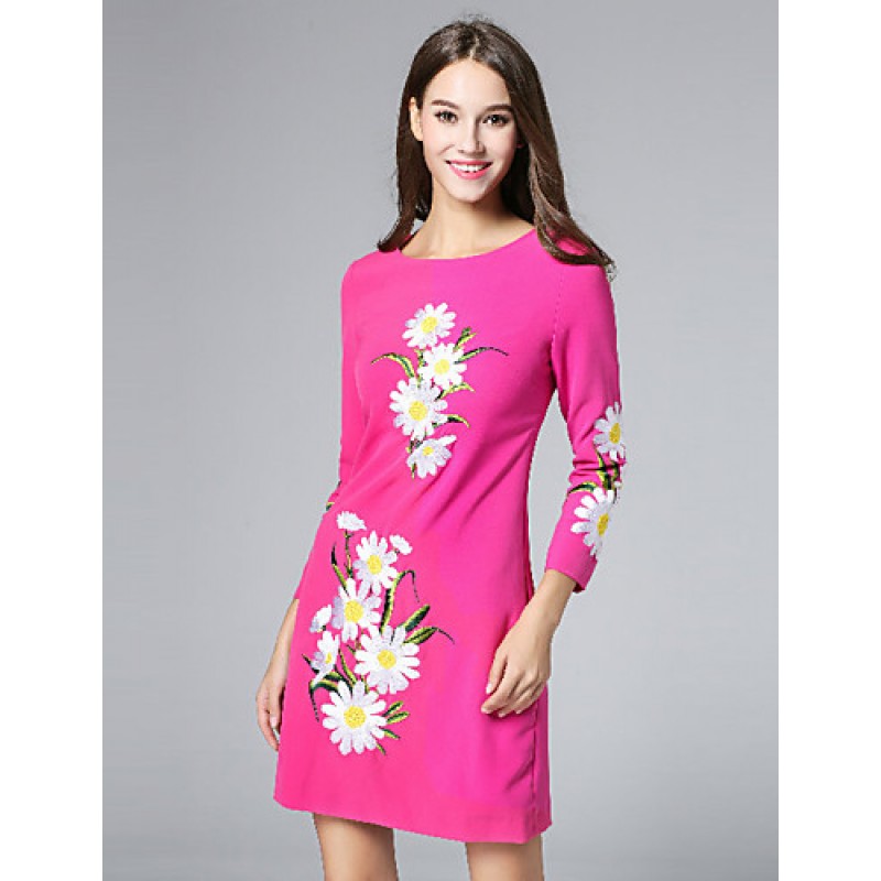 ACGCUL Boutique S Women's Casual/Daily Vintage Shift Dress,Embroidered Round Neck Above Knee Long Sleeve Polyester Fall