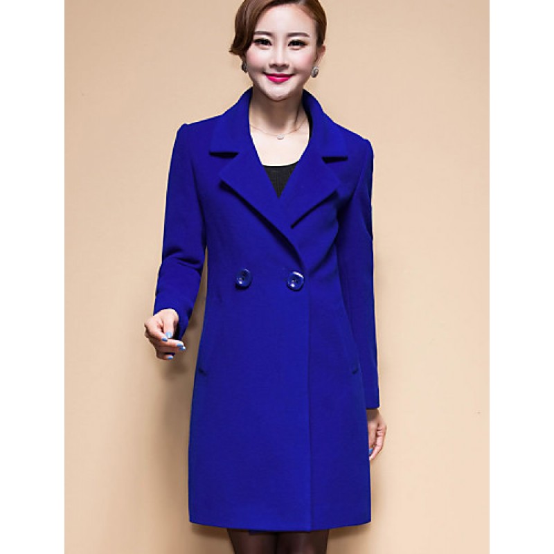 ACGCUL Women's Coat,Solid / Patchwork Peaked Lapel Long Sleeve Winter Blue / Black / Yellow Wool / Others Thick