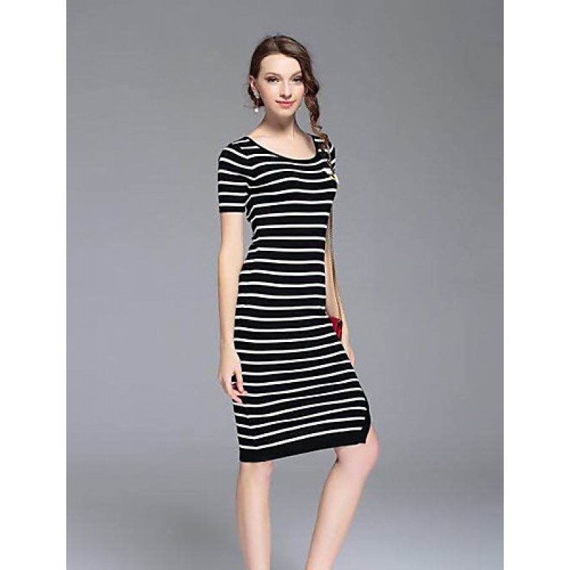 ACGCUL Boutique S Going out /Daily Cute Sheath DressStriped Round Neck Midi Short Sleeve White/Polyester Summer Mid Rise