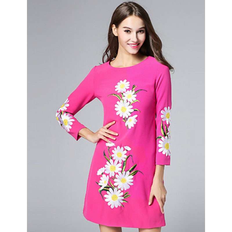 ACGCUL Boutique S Women's Casual/Daily Vintage Shift Dress,Embroidered Round Neck Above Knee Long Sleeve Polyester Fall