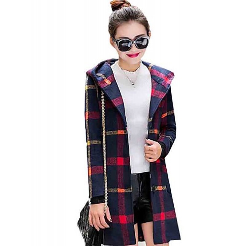 ACGCUL Women's Going out Cute Preppy Style Coat,Plaid Hooded Long Sleeve Winter Blue