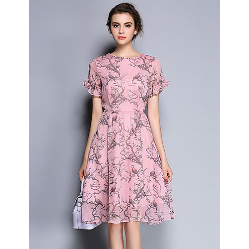 ACGCUL Women's Party/Cocktail Vintage Sheath / Chiffon Dress,Print Round Neck Knee-length Short Sleeve Pink Silk Summer