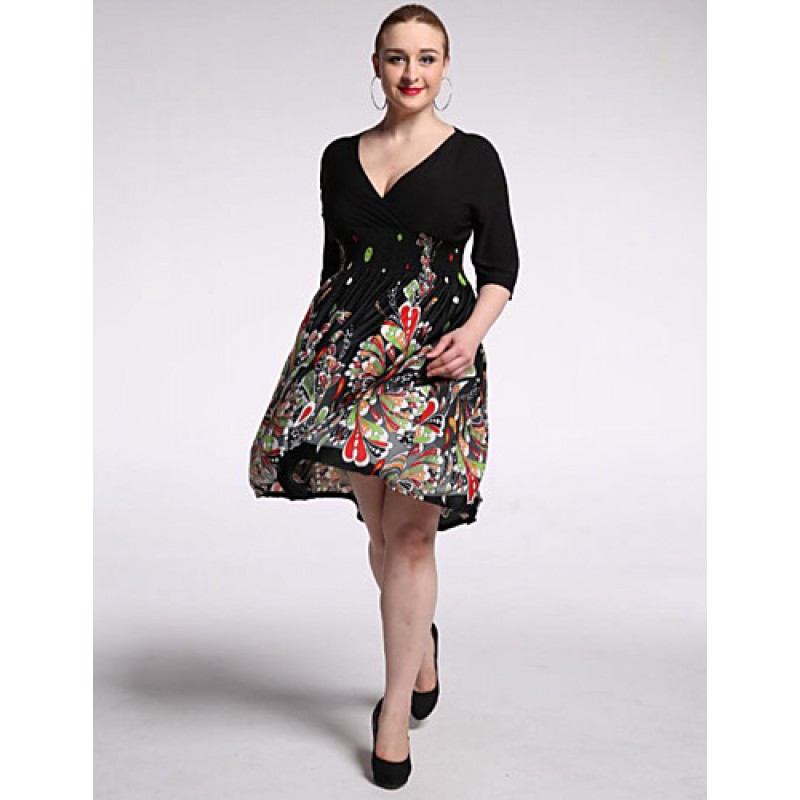 ACGCUL Women's Beach / Plus Size Boho Chiffon Dress,Floral V Neck Knee-length 陆 Length Sleeve Black Polyester / Spandex Summer