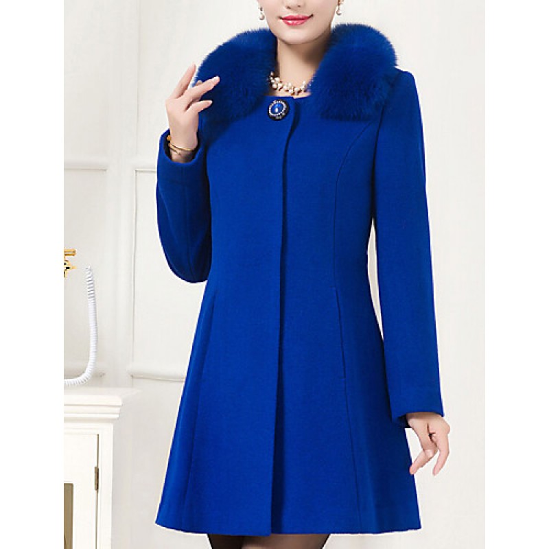 ACGCUL Women's Plus Size Coat,Solid Shirt Collar Long Sleeve Winter Blue / Black Wool / Others Thick