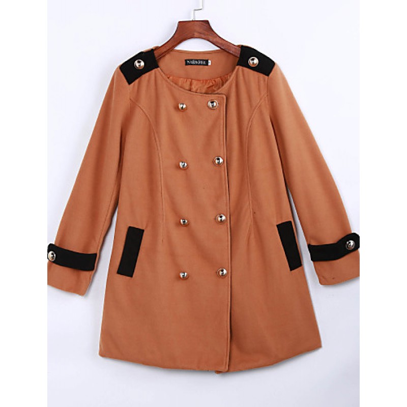 ACGCUL Women's Going out Street chic Coat,Color Block Round Neck Long Sleeve Winter Black / Brown Polyester Thick