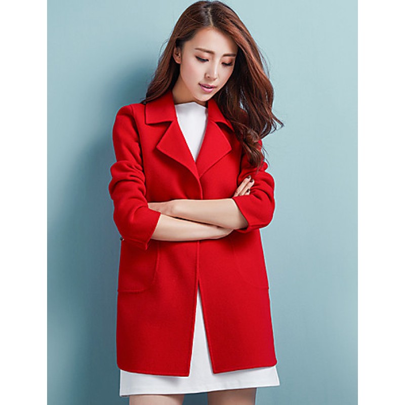 ACGCUL Women's Casual/Daily Simple Coat,Solid Notch Lapel Long Sleeve Winter Blue / Pink / Red Polyester Medium