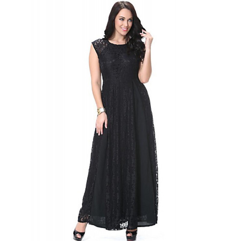 ACGCUL Women's Beach Plus Size / Lace Dress,Solid Round Neck Maxi Sleeveless Black Polyester Spring