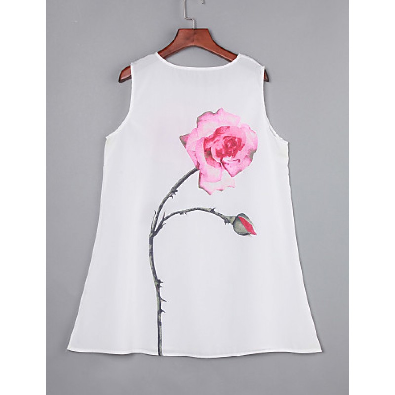 ACGCUL Women's Simple / Street chic Loose Dress,Floral Round Neck Above Knee Sleeveless White Polyester Summer