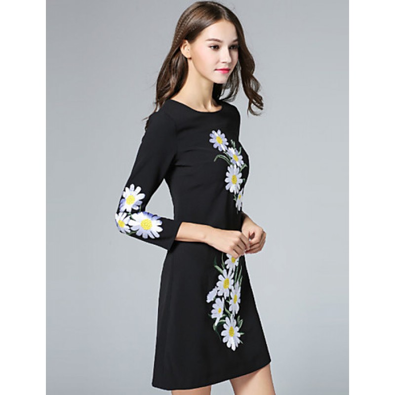 ACGCUL Boutique S Women's Casual/Daily Vintage Shift Dress,Embroidered Round Neck Above Knee Long Sleeve Polyester Fall