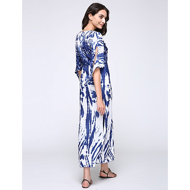 ACGCUL New Boho Maxi Dress Contrast Print Deep V-Neck Side Zipper 3/4 Sleeve Beach Evening Party Long