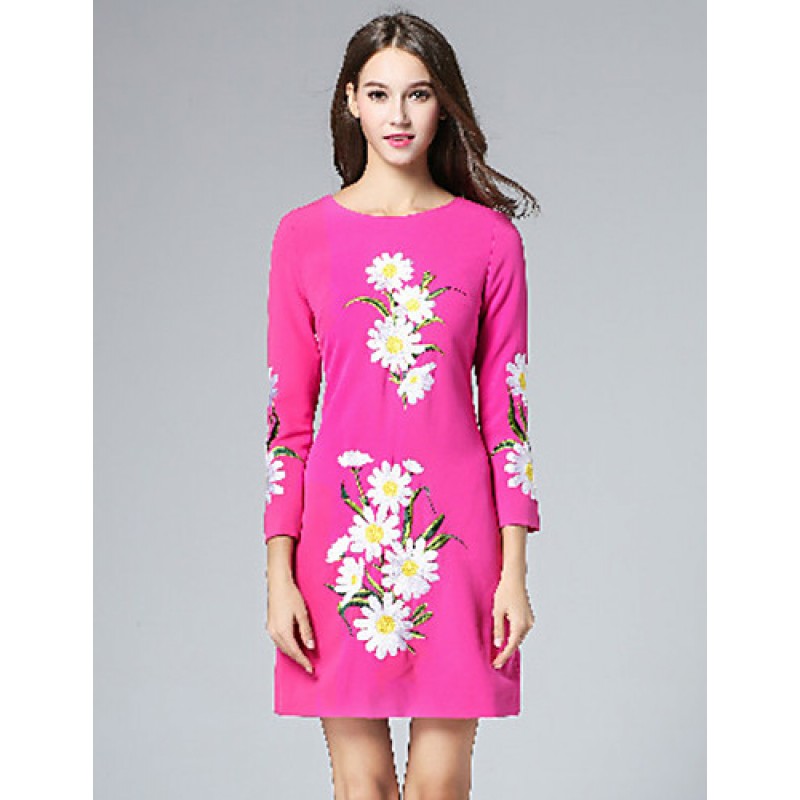 ACGCUL Boutique S Women's Casual/Daily Vintage Shift Dress,Embroidered Round Neck Above Knee Long Sleeve Polyester Fall