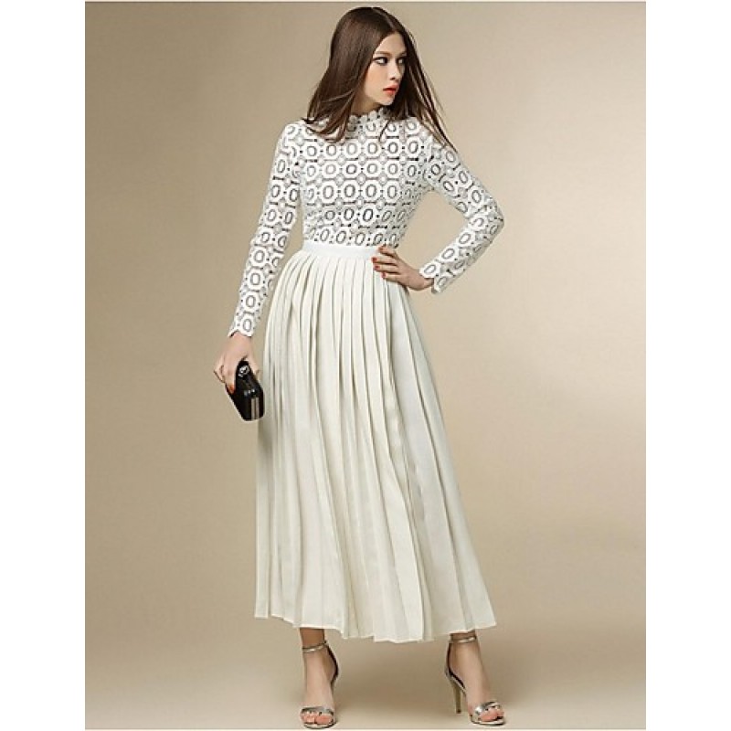 ACGCUL Boutique S Women's Going out Street chic Chiffon Dress,Patchwork Stand Maxi Long Sleeve White Polyester Fall