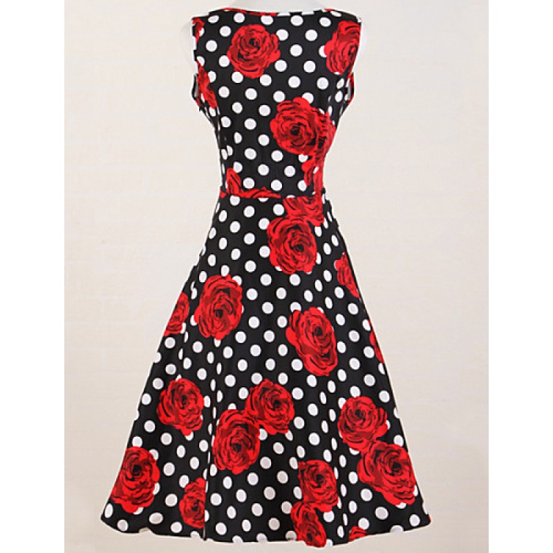 ACGCUL Women's Vintage Slim Polka Dot Rose Print Sleeveless Swing Dress