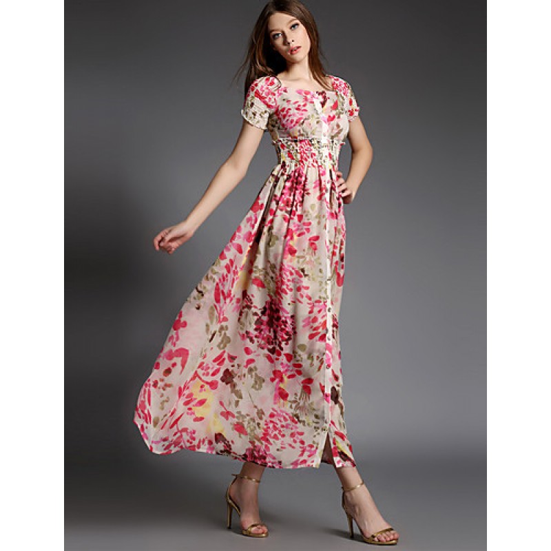 ACGCUL Women's Party/Cocktail Boho A Line Dress,Floral Square Neck Maxi Short Sleeve Pink Cotton Summer