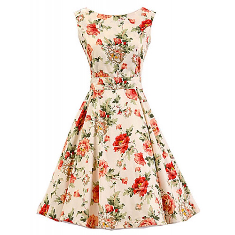 ACGCUL Women's Cream Floral Dress , Vintage Sleeveless 50s Rockabilly Swing Short Cocktail Dress