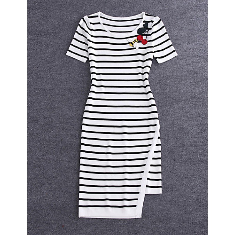 ACGCUL Boutique S Going out /Daily Cute Sheath DressStriped Round Neck Midi Short Sleeve White/Polyester Summer Mid Rise