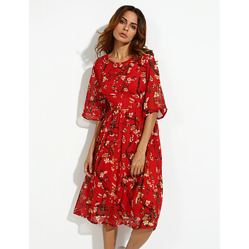 ACGCUL Women's Casual/Daily Boho / Street chic Plus Size / Chiffon Dress,Floral Round Neck Midi ? Length Sleeve Red Silk Summer