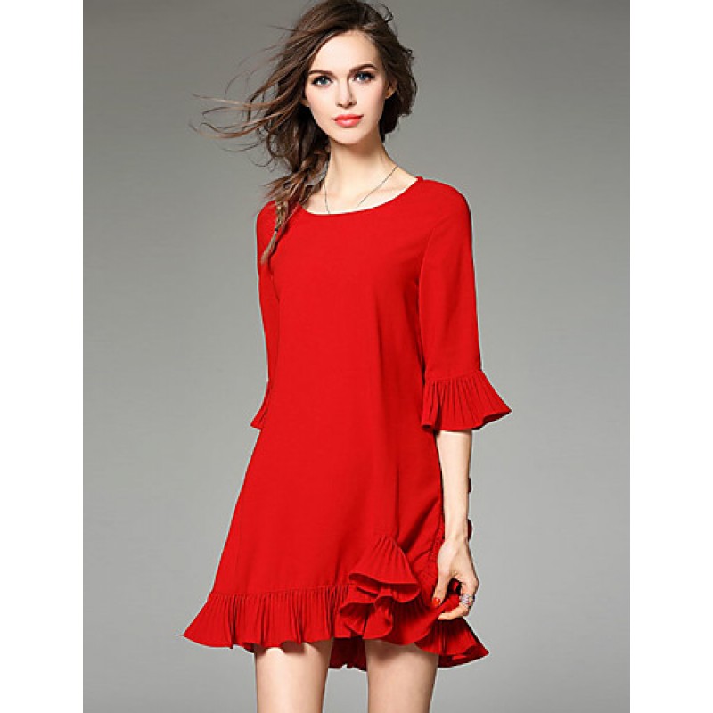 ACGCUL  Women's Going out Cute Loose Dress,Solid Round Neck Above Knee ? Sleeve Black Cotton Spring