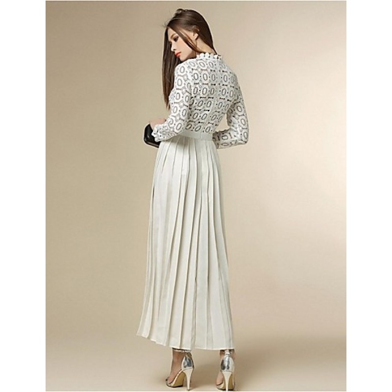 ACGCUL Boutique S Women's Going out Street chic Chiffon Dress,Patchwork Stand Maxi Long Sleeve White Polyester Fall