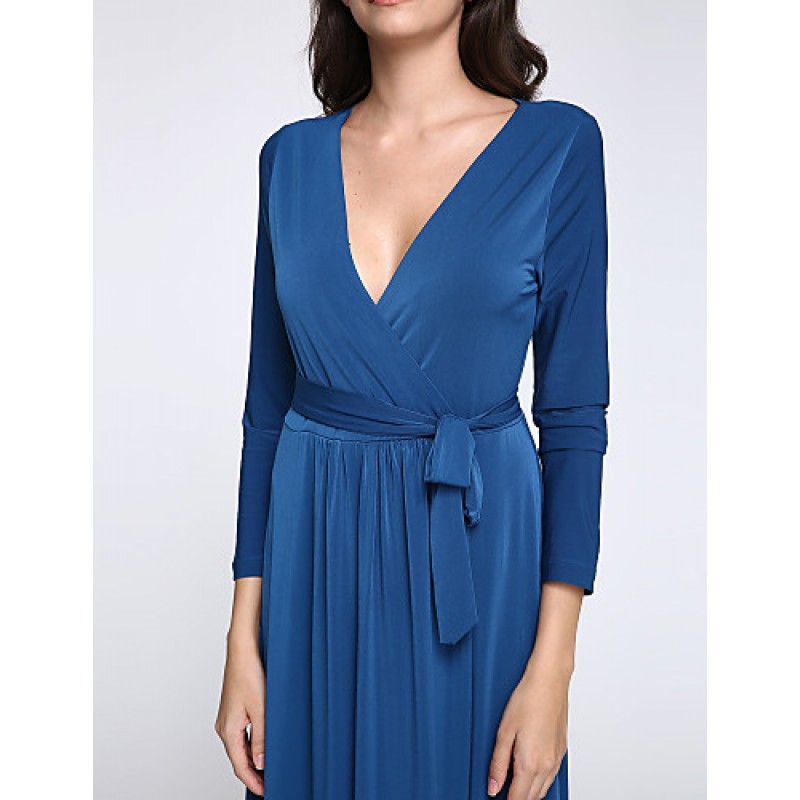 ACGCUL Women's Party/Cocktail Plus Size Plus Size Dress,Solid V Neck Midi Long Sleeve Blue Spandex Fall