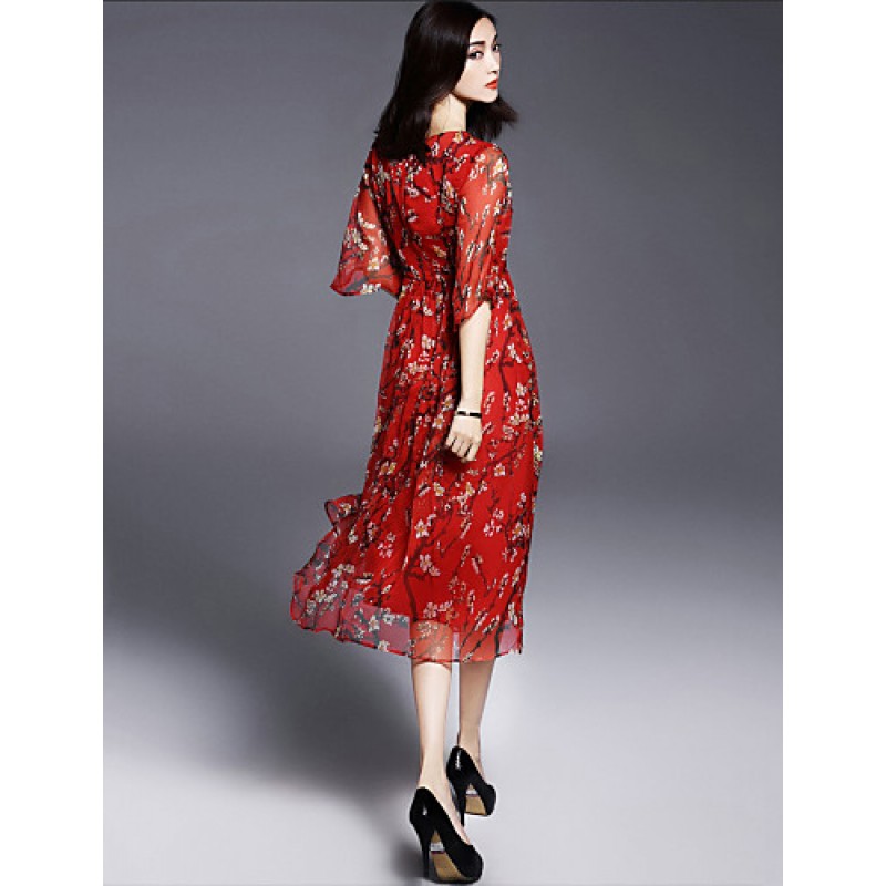 ACGCUL Women's Casual/Daily Boho / Street chic Plus Size / Chiffon Dress,Floral Round Neck Midi ? Length Sleeve Red Silk Summer