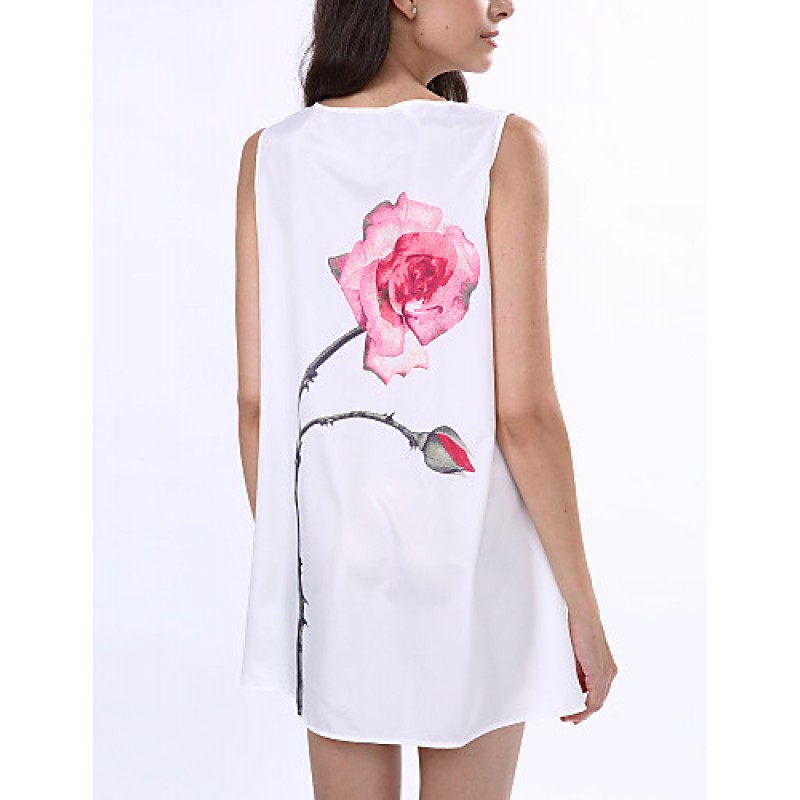 ACGCUL Women's Simple / Street chic Loose Dress,Floral Round Neck Above Knee Sleeveless White Polyester Summer