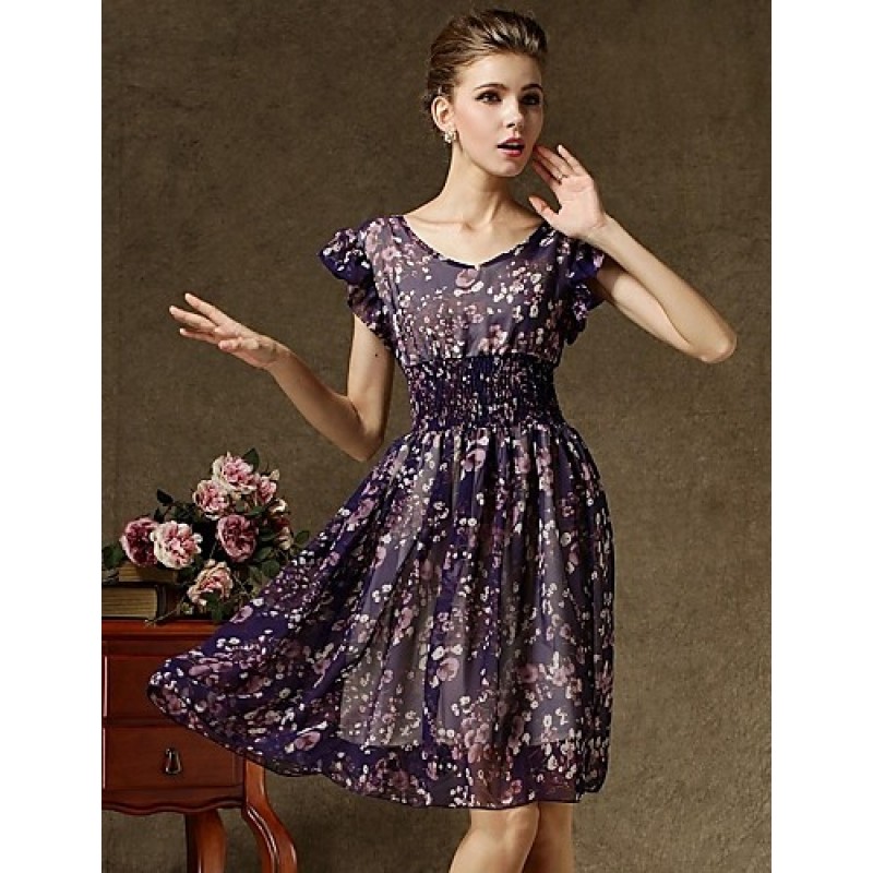 ACGCUL Women's Vintage Short Sleeve Floral Print Chiffon Dress