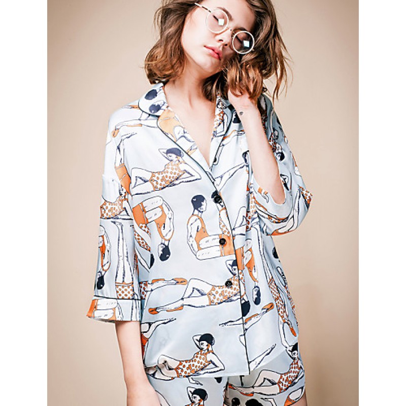 ACGCUL LIANGSANSHIWomen's Casual/Daily Street chic Summer Shirt,Print Shirt Collar ? Sleeve Blue Polyester / Others Thin